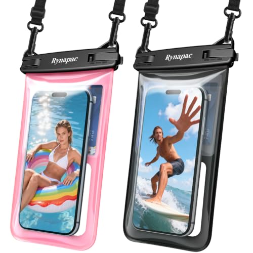 Rynapac Waterproof Phone Pouch Floating, 2 Pack IPX8 Dry Bag [Up to 8.5''] | Touchscreen & Underwater Photography, Adjustable Lanyard, for iPhone 17 16 15 Pro Max, Beach Cruise Essentials 2026 - color: Black & Pink