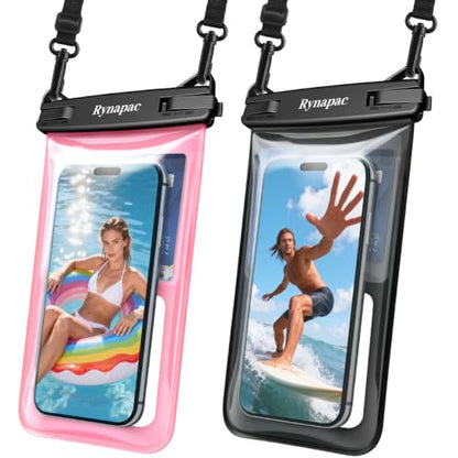 Rynapac Waterproof Phone Pouch Floating, 2 Pack IPX8 Dry Bag [Up to 8.5''] | Touchscreen & Underwater Photography, Adjustable Lanyard, for iPhone 17 16 15 Pro Max, Beach Cruise Essentials 2026 - color: Black & Pink