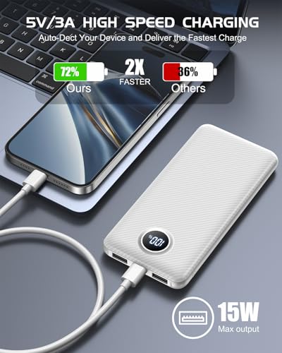 10000mAh Portable Power Bank with USB-C 15W PD Fast Charging - Fiber White - color: Fiber White