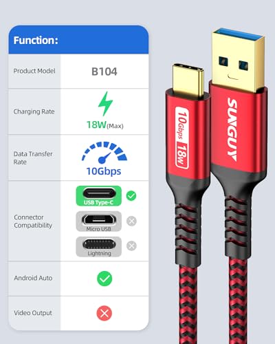 SUNGUY 10Gbps Android Auto USB Cable 1FT, 3A USB C 3.1 Gen2 Cable Data Transfer, USB C CarPlay Cable Fast Charging Compatible with iPhone 17/16/15 Series, Samsung Galaxy S25 S24 Ultra, Pixel - color: Red, size: 1FT