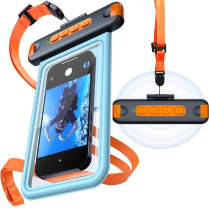 IP68 Bluetooth Shutter Waterproof Phone Pouch Case,Floating,Blue | Hands-Free Photo & Video Underwater Control.Large Waterproof Phone Case Universal Fit for 8.5" Phone(iPhone Samsung Google)