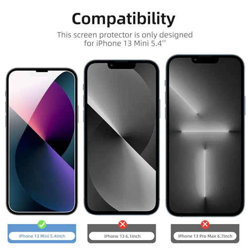 NEW'C 4 Pack, 2 Pack for iPhone 13 Mini Screen Protector + 2 Pack Camera Lens Protector, Sensor Protection,Case Friendly Tempered Glass Film - size: 13 Mini 5.4 inches