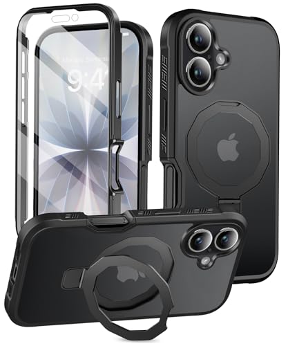Compatible with iPhone 17 Case, Built-in Screen Protector & Seamless Stand, [Military-Grade Protection] Full Body Cover, Strong Magnetic Clear Phone Case for iPhone 17 6.3" (Black) - color: Black, size: iPhone 17 6.3"