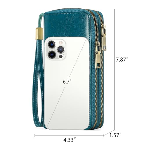 GAEKEAO RFID Leather Wristlet Wallet for Women with Grip Strap | Large capacity clutch wallet, credit card holder, wrist strap, zipper purse, travel and shopping - color: A08 Wax Peacock Blue