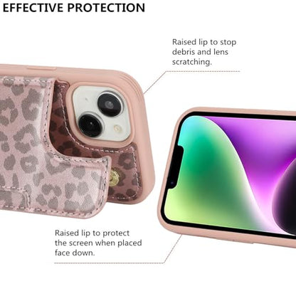 iCoverCase Compatible with iPhone 14 Case with Card Holder, Wallet Case for Women Men RFID Blocking PU Leather Protective Phone Case 6.1 Inch (Rose Gold Leopard) - color: Rose Gold Leopard