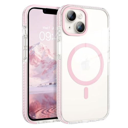 GUAGUA Magnetic for iPhone 14 Case & iPhone 13 Case, [Compatible with Magsafe] Military Shockproof Protective Bumper Cute Transparent Slim Anti-Yellowing Phone Cover for iPhone 14/iPhone 13,Clear Pink - size: iPhone 14/iPhone 13