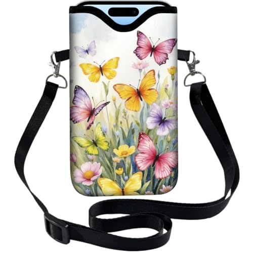 Phone Crossbody Sleeve Butterfly Phone Pouch Wildflowers Neoprene Nylon Waterproof Phone Bag Case with Strap Neck Lanyard Protective Carrying Cover Fits Most Smartphones 7.1 x 3.9 Inch - color: Butterfly