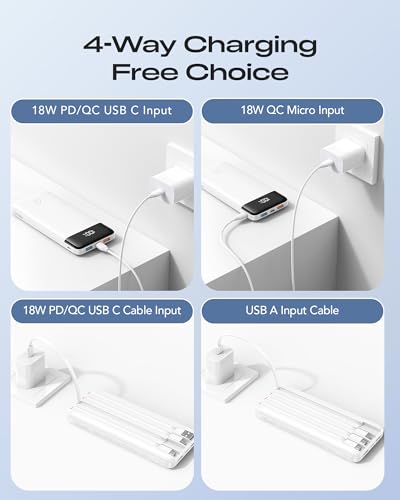Orfeika 20000mAh Power Bank, Portable Charger with 4 Built-in Cables - color: White
