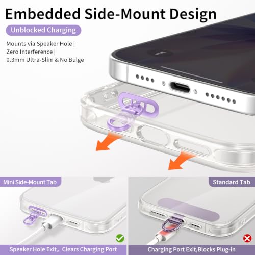 saxsion Side-Mount Phone Tether Tab, Metal Lanyard Patch, 360° Swivel Clip, 304 Stainless Steel, Won't Block Charging Port - color: Lilac
