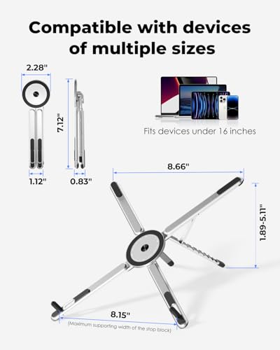 Viozon Portable Laptop Stand for Desk, Foldable Adjustable Computer Riser with Magnetic Phone Holder, Aluminum Laptop Stand for 10–16” Laptops & 4–13” Phones/Tablets (Silver) - color: Silver