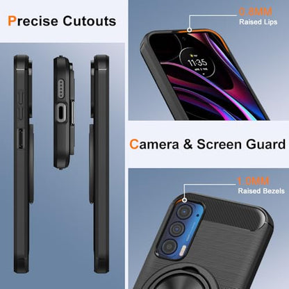 Compatible for Motorola Moto Edge 2021/Edge 2021 5G UW/XT2141 Case with Screen Protector, 360° Rotatable Ring Holder & Kickstand, Flexible TPU Rubber Carbon Fiber Jacket Protective Cover Case (Black) - color: Moto Edge 2021 Black