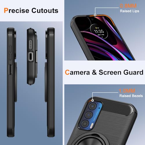 Compatible for Motorola Moto Edge 2021/Edge 2021 5G UW/XT2141 Case with Screen Protector, 360° Rotatable Ring Holder & Kickstand, Flexible TPU Rubber Carbon Fiber Jacket Protective Cover Case (Black) - color: Moto Edge 2021 Black