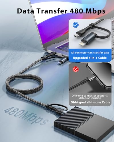 4 in 1 Charging Cable, USB C Lightning Adapter USB C to USB C 60W PD [Fast Charging & Data Sync] 4 in 1 Multi Charger for iPhone 16 15 14 13 12,MacBook Pro 2023 iPad mini 6/Pro,Samsung Galaxy S22 S21 - color: Black, size: 3FT