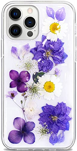 Abbery for iPhone 12 Pro Max Case-Purple Pressed Flower, Cute Clear with Real Dried Pressed Daisy Flowers Design, Soft TPU Aesthetic&Protective Women Girl's Phone Cover - color: Daisy Purple, size: for iPhone 12 Pro Max