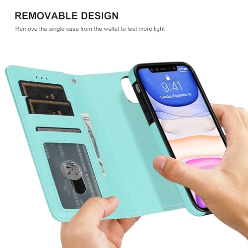 Bocasal Detachable Wallet Case Card Holder for iPhone 11, Light Blue | Kickstand Card Slots Holder PU Leather Magnetic Shockproof Wrist Strap Removable Flip Protective Cover 6.1 inch - color: Light Blue