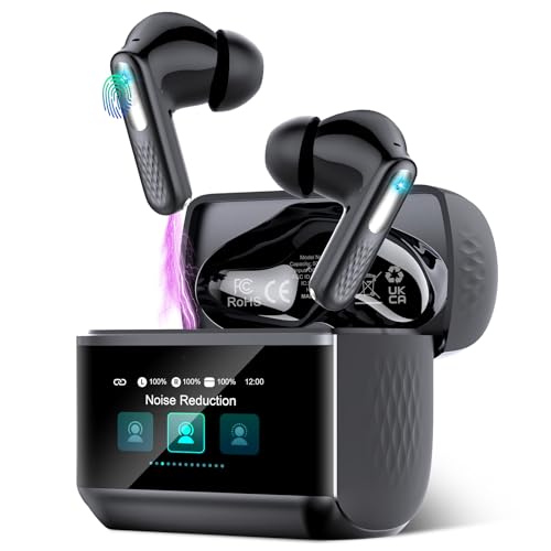 Wireless Earbuds with Touch Screen, Bluetooth 5.4 Headphones, ANC/ENC Noise Cancelling, 48H HiFi Stereo Bluetooth Ear Buds with 5 EQ Modes, Transparency Mode, IPX7 Earphones, Black