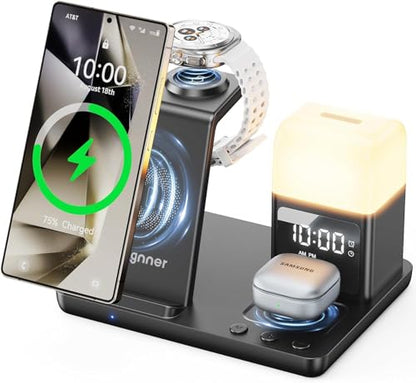 6 in 1 Wireless Charging Station for Samsung Android with Clock & Night Light,Wireless Charger Beside Clock for Galaxy S26 Ultra S25 S24,Galaxy Watch 8/7 Buds 4/3 Pro,Not for Watch 9/Ultra 2 - color: Black