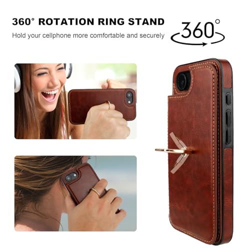 ONETOP for iPhone 17e/16e Wallet Case with Credit Card Holder,Brown | 360° Rotation Ring Kickstand,Finger Grip,Double Magnetic Clasp,RFID Blocking PU Leather Shockproof Cover for Women Men - color: Brown