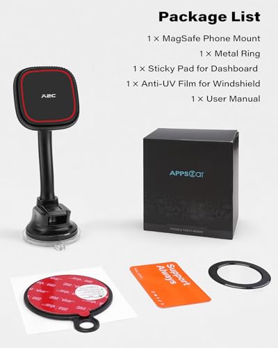 APPS2Car Magnetic Phone Holder for Car, Dashboard Windshield Suction Mount - color: Black - MagSafe