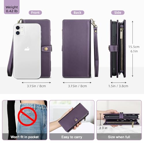 TwoHead for iPhone 11 Wallet case with 11 Card Holder (Deep Purple) | Detachable Magnetic Phone Case, PU Leather Wallet for Women/Men,Wireless Charging Compatible,with Wrist Strap - color: Deep Purple