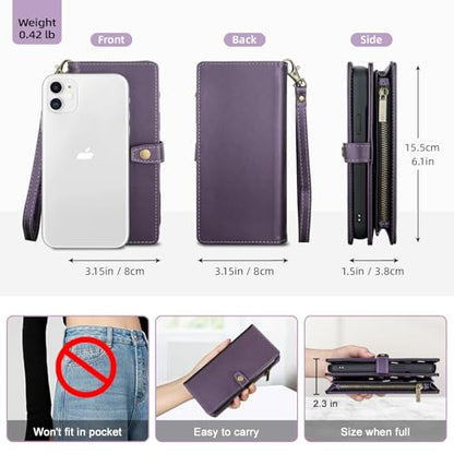 TwoHead for iPhone 11 Wallet case with 11 Card Holder (Deep Purple) | Detachable Magnetic Phone Case, PU Leather Wallet for Women/Men,Wireless Charging Compatible,with Wrist Strap - color: Deep Purple