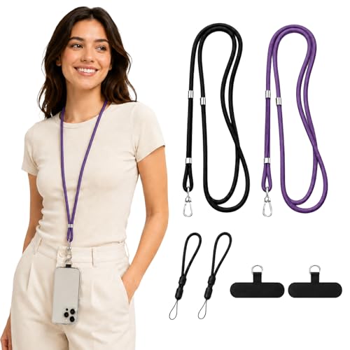 Rosmas Adjustable Crossbody Cell Phone Neck Strap with 2 Wrist Straps and 2 Tether Tabs for Smartphones - color: Black+purple