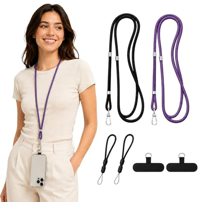 Rosmas Adjustable Crossbody Cell Phone Neck Strap with 2 Wrist Straps and 2 Tether Tabs for Smartphones - color: Black+purple