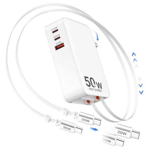 50W Retractable Wall Charger with Dual Cables, Retractable Phone Charger - size: Type-C+Type-C Cables
