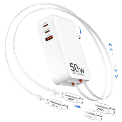 50W Retractable Wall Charger with Dual Cables, Retractable Phone Charger - size: Type-C+Type-C Cables