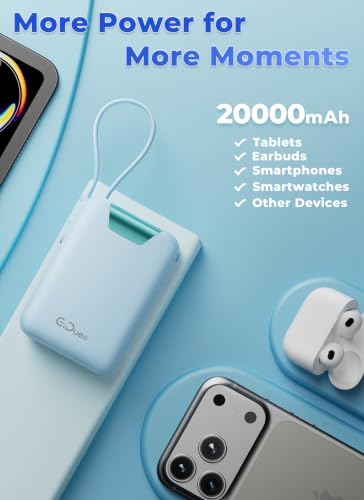 M2 Portable Charger, 20000mAh Power Bank, PD 35W Ultra Fast USB-C Built-in Cable, Compact Cute Mini External Battery Pack for iPhone, Samsung, Android iPad (Blue) - color: blue