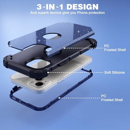 IDweel for iPhone 15 Case with Screen Protector for Men,Luxury 3 in 1 Shockproof Slim Fit Hybrid Heavy Duty Hard PC Cover Soft Silicone Bumper Full Body Anti-Fingerprint Case,Glitter Blue Black - color: Glitter Blue Black