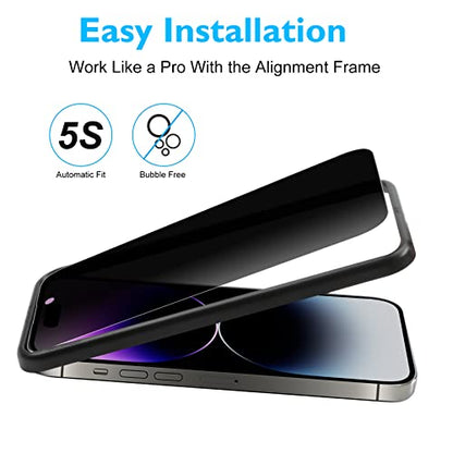 Esanik [3+2 Pack] Privacy Screen Protector for iPhone 14 Pro Max 6.7" Anti-Spy Tempered Glass + Camera Lens Protector, Installation Frame, 9H Hardness, Case Friendly, Easy Installation, Bubble Free