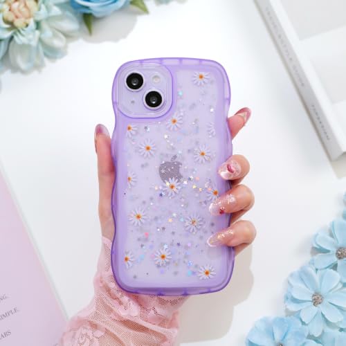 Glitter case for iPhone 13/14 Flowers Purple | Bling Sparkle Glitter，Flowers，Full Protection Soft TPU，Kawaii Cute Phone Case for Women Girls - color: Flowers Purple