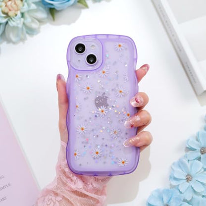Glitter case for iPhone 13/14 Flowers Purple | Bling Sparkle Glitter，Flowers，Full Protection Soft TPU，Kawaii Cute Phone Case for Women Girls - color: Flowers Purple