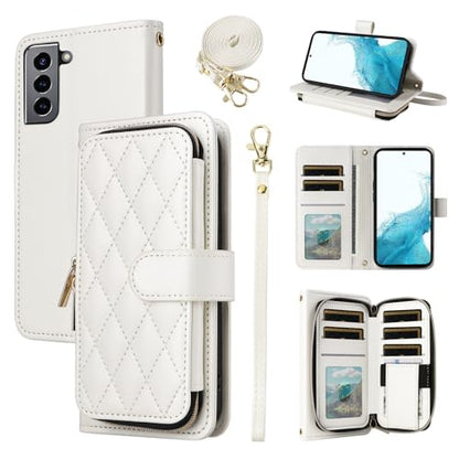Wallet Case for Samsung Galaxy S21 5G 6.2 inch with Wrist Strap, 9+ Card Slots Zipper Purse, Luxury PU Leather Stand Full Body Accessories Cell Phone Cover for S 21 21S G5 Women Girls White | Girls, Wrist/Shoulder Strap, 9+ Card Slots Zipper Purse, Luxury