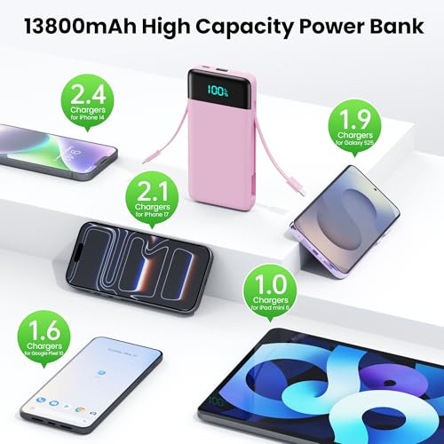 Portable Charger with Built-in AC Plug and Cables,13800mAh All in One USB C Fast Charging Power Bank,Travel Essentials Portable Phone Charger Battery Pack for iPhone 17/16/15/14/13,Galaxy,Android-Pink - color: Pink