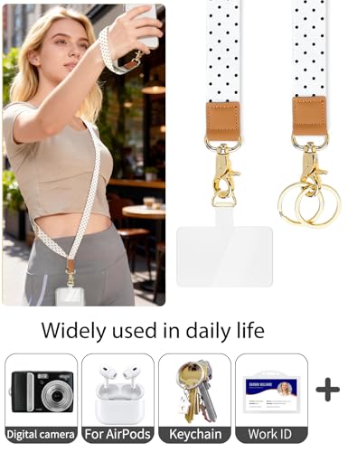 Phone Lanyard Crossbody Strap, Adjustable Neck Strap and Wristlet Strap for Phone Wallet ID Badge with 2 Phone Tabs - color: White Dots