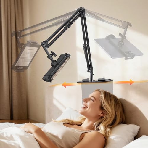 Phone Holder for Bed & Kindle Holder for Bed, Overhead Cell Phone Mount, Adjustable 360° Rotatable Metal Tablet Stand Holder for iPad Pro Air Mini, iPhone17/16, Kindle Other 5-12.9 Inch Devices