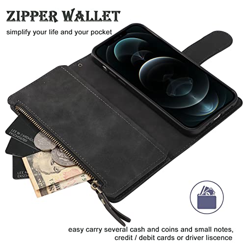 RANYOK Wallet Case Compatible with iPhone 13 Pro Max (6.7 inch), Premium PU Leather Zipper Flip Folio RFID Blocking Wallet with Wrist Strap Magnetic Closure Built-in Kickstand Protective Case (Black) - color: Black