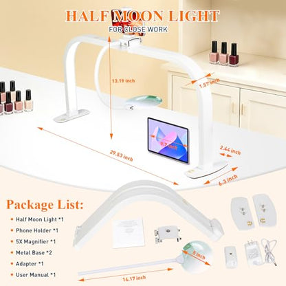 Half Moon Nail Desk Lamp with 5X Magnifier & Phone Holder - color: White