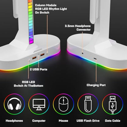 Dual Headphones Stand with Charger for Men, Headset Holder Stand for Desk - color: White
