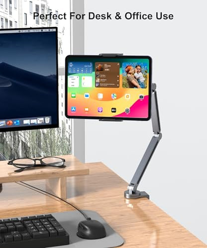 YICOSUN Tablet Stand for Desk - Heavy Duty Aluminum iPad Arm Mount with Super Grip Clamp, 360° Rotating Foldable Holder for 4.7-13" iPad, Kindle, Phone - Reading, Drawing, Video Call - Gray - color: Gray