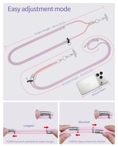 3 in 1 Luxury Phone Lanyard, Adjustable Crossbody Neck Strap & Short Wrist Strap, Anti-Lost Anti-Theft Detachable Phone Chain, Versatile Shoulder Phone Sling for All Cell Phones - color: Pink+pruple