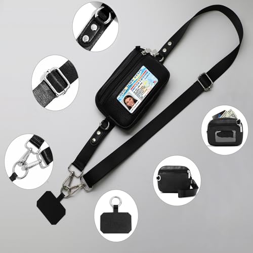 Phone Lanyard with Wallet, Adjustable Crossbody Phone Strap with Detachable RFID Wristlet, Phone Neck Lanyard & Wrist Strap, Hands Free Cell Phone Lanyard for Travel - color: Black
