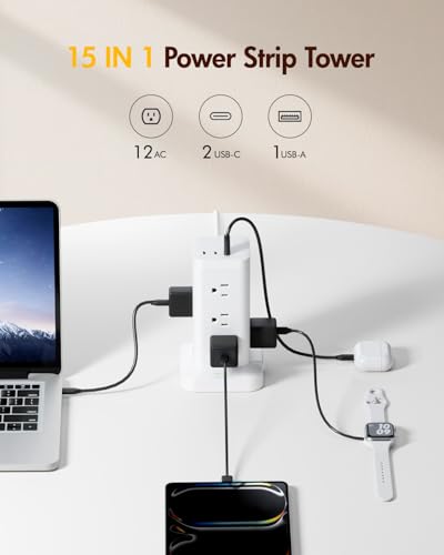 12AC 3USB Power Strip Tower Surge Protector 1800J, 9.8ft, White, 1 - color: White, size: 9.8ft