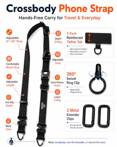 Chickwin Phone Lanyard Crossbody Strap, Heavy Duty Adjustable Cell Phone Lanyard with 360° Swivel Ring Clip & 2 Tether Tabs, Anti-Drop Hands-Free Phone Strap for Travel Hiking