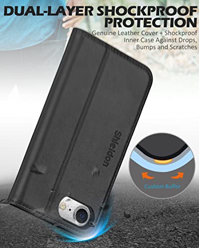 SHIELDON Genuine Leather Wallet Case for iPhone SE 2022/SE 2020/8/7, Black | Magnetic Closure, RFID Blocking, Credit Card Holder, Kickstand, Folio Design, Shockproof Phone Cover - color: Black