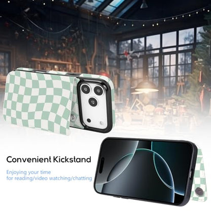for iPhone 17 Pro 6.3" Wallet Case with Card Holder(Checkerboard) - color: Green Checkerboard, size: iPhone 17 Pro 6.3 inch