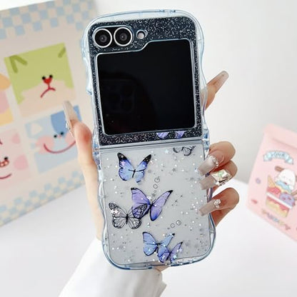 UEEBAI Wave Butterfly Case for Samsung Galaxy Z Flip 5/Z Flip 6/Z Flip 7 FE 5G Case, Pretty Bling Star Butterfly Cute Shiny Glitter Phone Cover Bling Clear Cover Curly Shockproof Girly - Blue - color: Blue, size: Z Flip 7 FE/Z Flip 6/Z Flip 5 5G