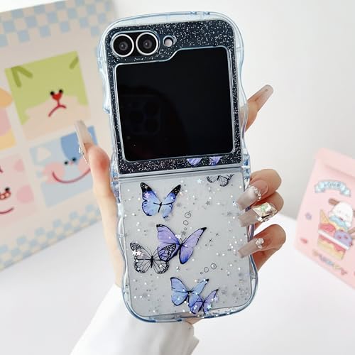 UEEBAI Wave Butterfly Case for Samsung Galaxy Z Flip 5/Z Flip 6/Z Flip 7 FE 5G Case, Pretty Bling Star Butterfly Cute Shiny Glitter Phone Cover Bling Clear Cover Curly Shockproof Girly - Blue - color: Blue, size: Z Flip 7 FE/Z Flip 6/Z Flip 5 5G